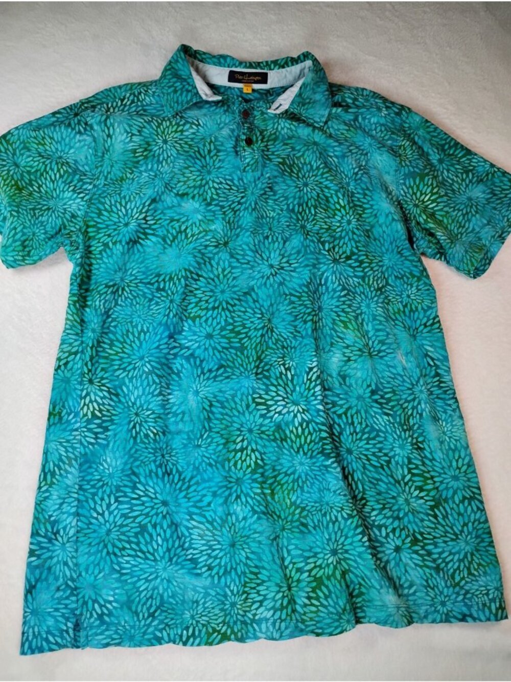 Pete Huntington Polo Shirt Batik Tropical Short Sleeve Handcrafted Size L Teal